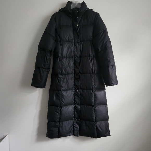 *SOLD* ROOTS down coat feathers long jacket black hood sz XS - Picture 2 of 9